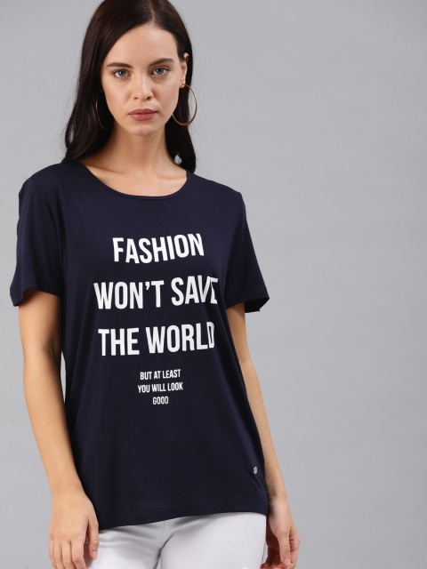 

French Connection Women Navy Blue Printed Round Neck T-shirt