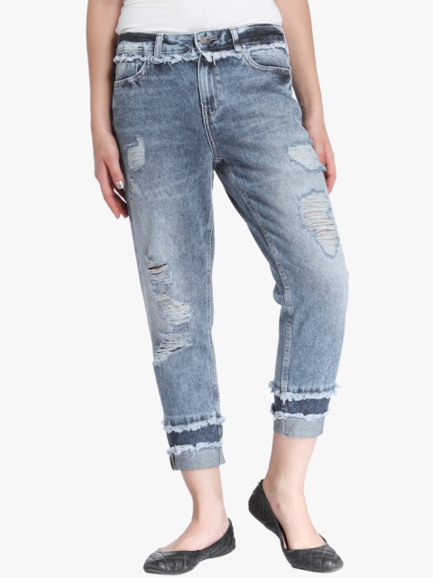 

ONLY Women Blue Regular Fit Mid-Rise Highly Distressed Cropped Jeans