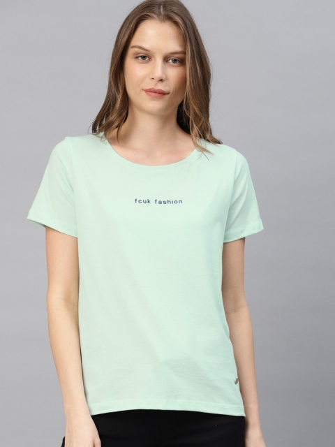 

French Connection Women Green Solid Round Neck Pure Cotton T-shirt