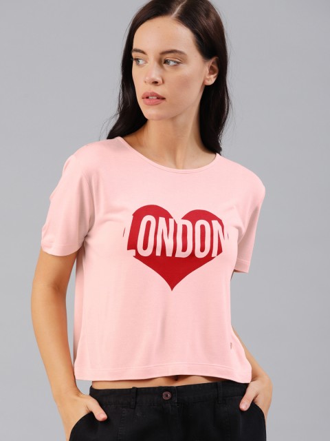

French Connection Women Peach-Coloured Printed Round Neck Crop T-shirt