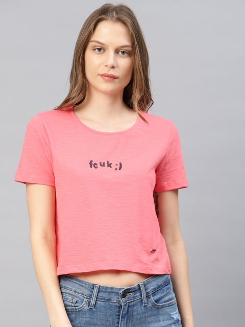 

French Connection Women Pink Solid Round Neck Pure Cotton T-shirt