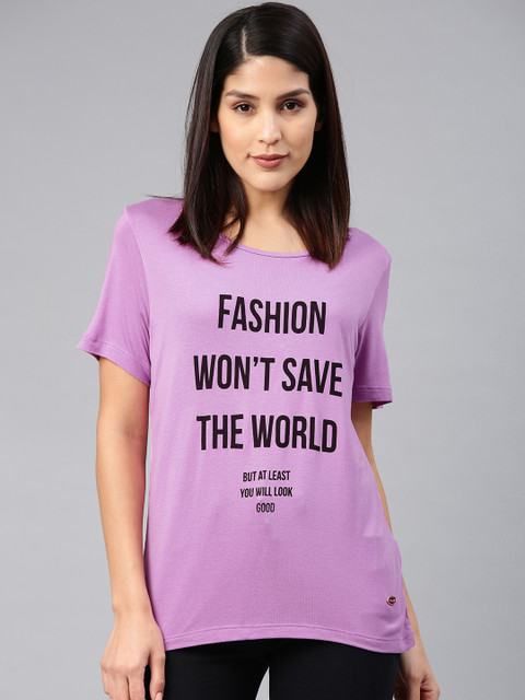 

French Connection Women Purple Printed Round Neck T-shirt