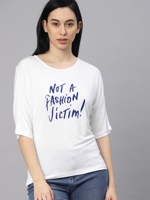 

French Connection Women White Printed Round Neck T-shirt