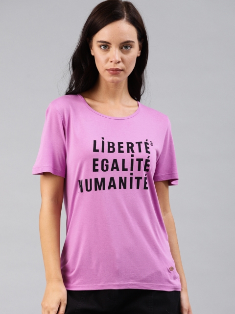 

French Connection Women Purple Printed Round Neck T-shirt