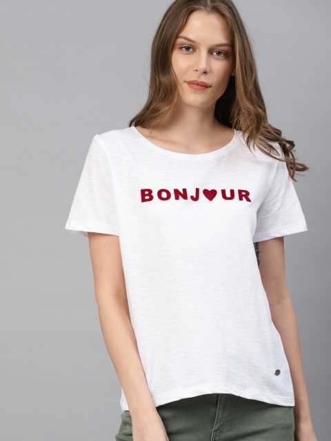 

French Connection Women White Printed Round Neck T-shirt