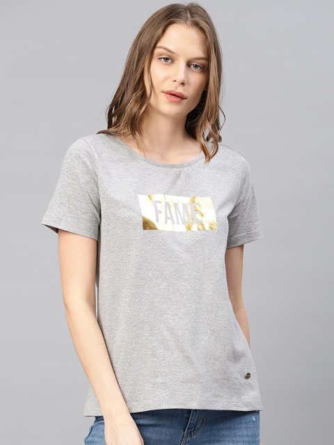 

French Connection Women Grey Melange Printed Round Neck T-shirt