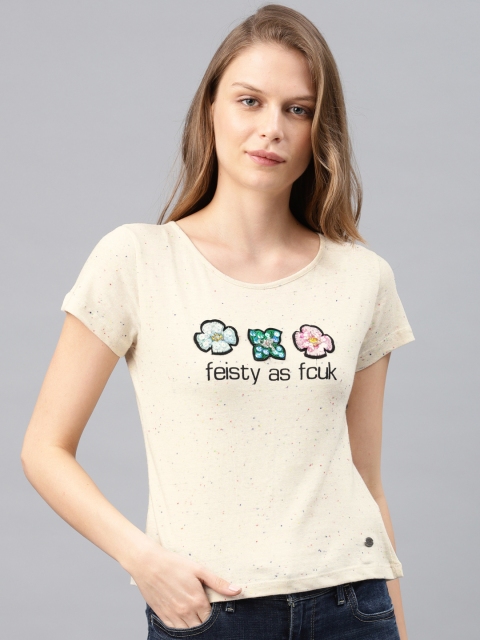 

French Connection Women Cream-Coloured Printed Round Neck T-shirt