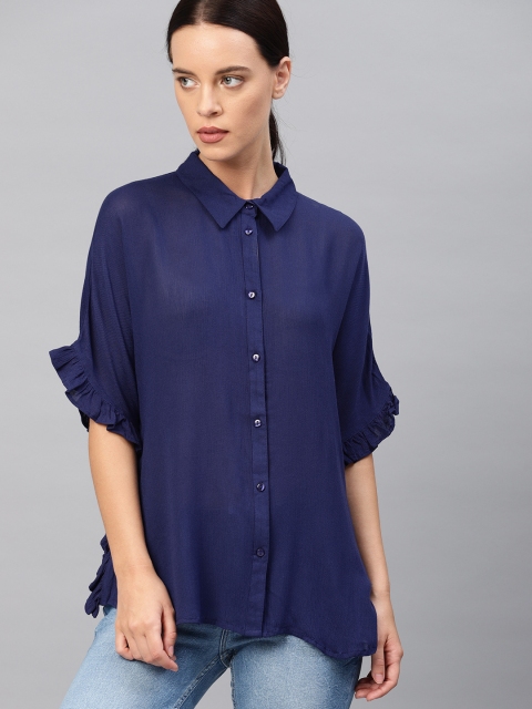 

French Connection Women Navy Blue Regular Fit Solid Casual Shirt