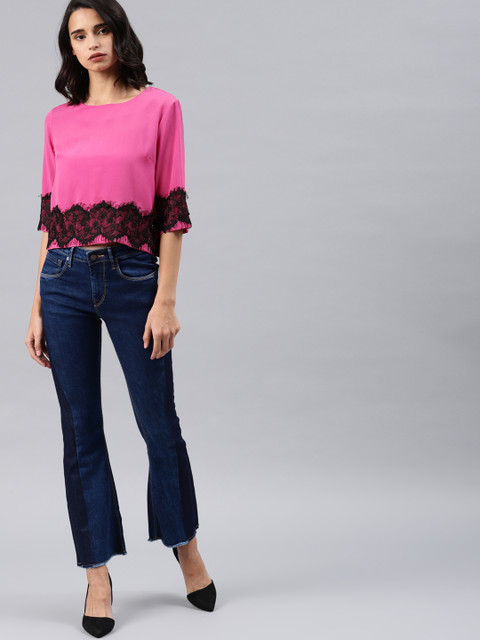 

French Connection Women Pink Solid Cropped Top
