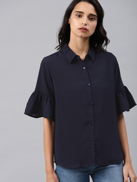 

French Connection Women Navy Blue Solid Shirt Style Top