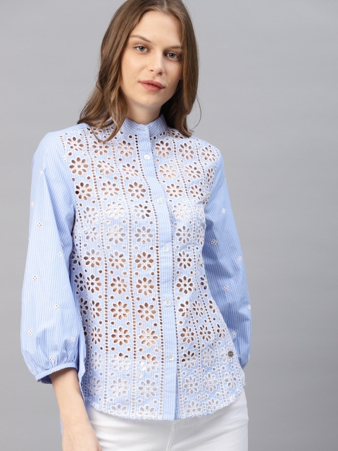 

French Connection Women Blue Self Design Shirt Style Top
