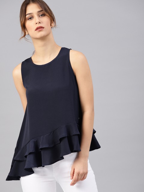 

French Connection Women Navy Blue Solid A-Line Top