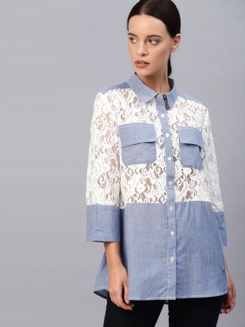 

French Connection Women Blue Striped Shirt Style Top