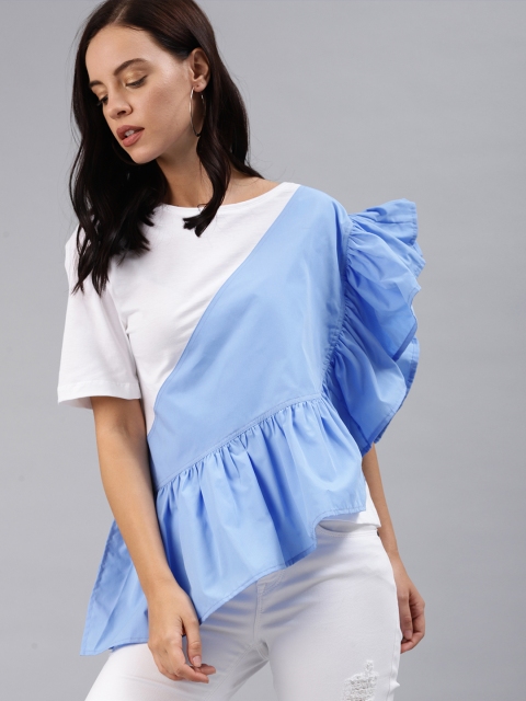 

French Connection Women White & Blue Colourblocked Top
