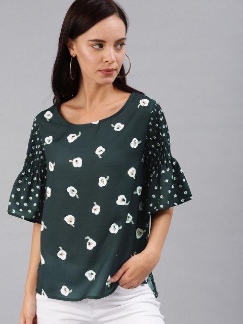 

French Connection Women Blue & White Conversational Printed High-Low Top