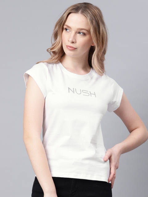 

NUSH Women White Printed Round Neck T-shirt