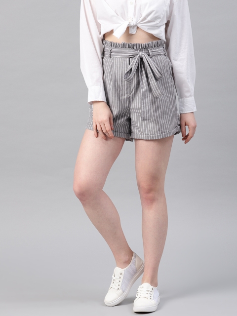 

NUSH Women Grey Striped Regular Fit Regular Shorts