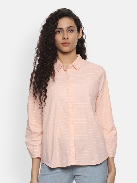 

Allen Solly Women Peach-Coloured & White Regular Fit Striped Casual Shirt