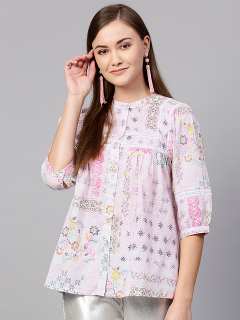 

Rain & Rainbow Women Off-White & Pink Printed Shirt Style Top