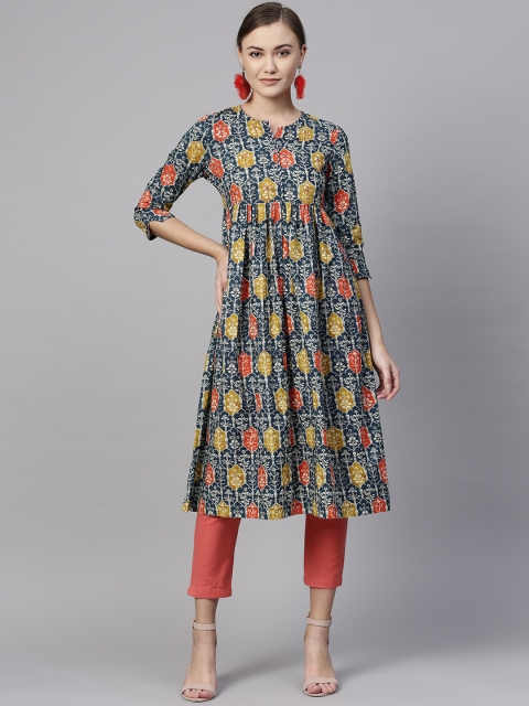 

Rain & Rainbow Women Navy Blue & Off-White Printed A-Line Kurta