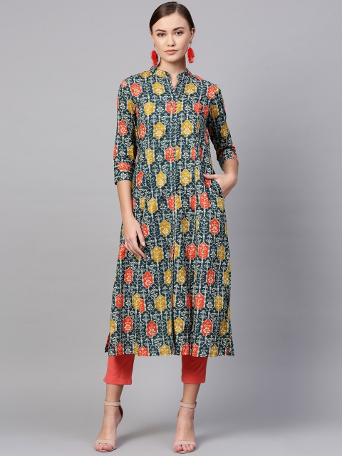 

Rain & Rainbow Women Navy Blue & Orange Printed A-Line Kurta