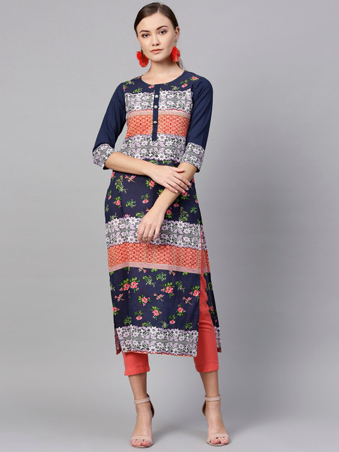 

Rain & Rainbow Women Navy Blue & Coral Orange Printed Straight Kurta