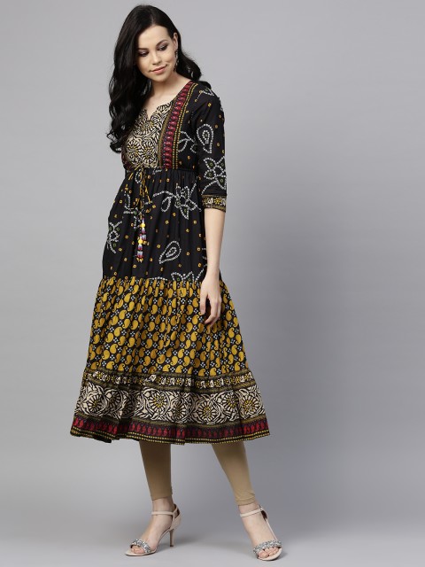 

Rain & Rainbow Women Black & Mustard Yellow Printed A-Line Kurta