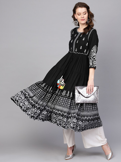 

Rain & Rainbow Women Black & White Embroidered Anarkali Kurta