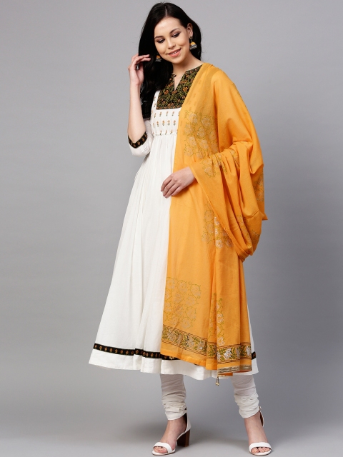 

Rain & Rainbow Women White & Yellow Yoke Design Kurta with Churidar & Dupatta