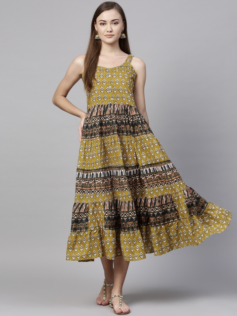 

Rain & Rainbow Women Mustard Yellow & White Printed Tiered A-Line Dress