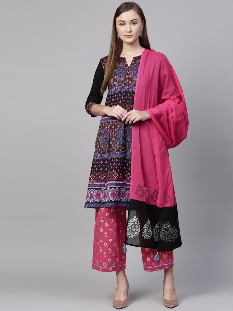 

Rain & Rainbow Women Black & Pink Printed Kurta with Palazzos & Dupatta