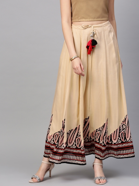 

Rain & Rainbow Women Beige & Black Solid Maxi Flared Skirt