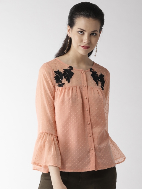 

QUIERO Women Peach-Coloured Self Design A-Line Top