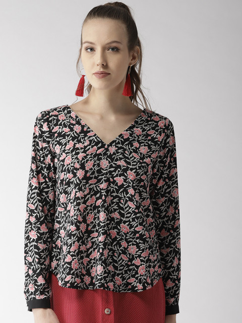 

QUIERO Women Black & Coral Pink Floral Print Styled Back Top
