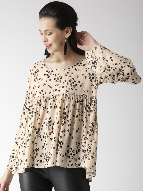 

QUIERO Women Beige & Black Printed Empire Top