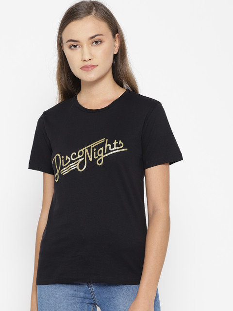 

OVS Women Black Printed Round Neck T-shirt