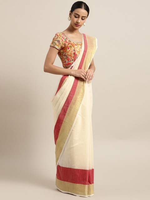 

Satrani Cream-Coloured & Red Solid Kasavu Saree
