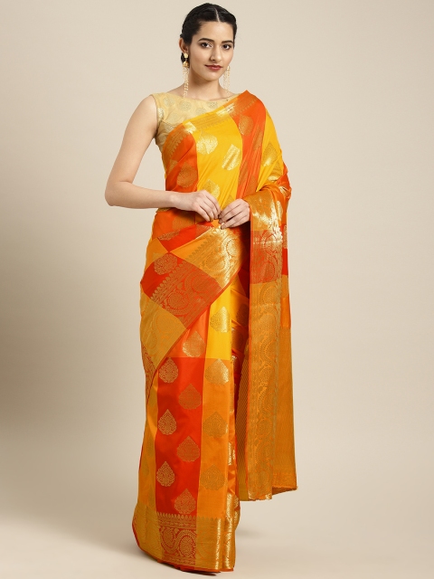 

Satrani Yellow & Orange Poly Silk Printed Kanjeevaram Saree