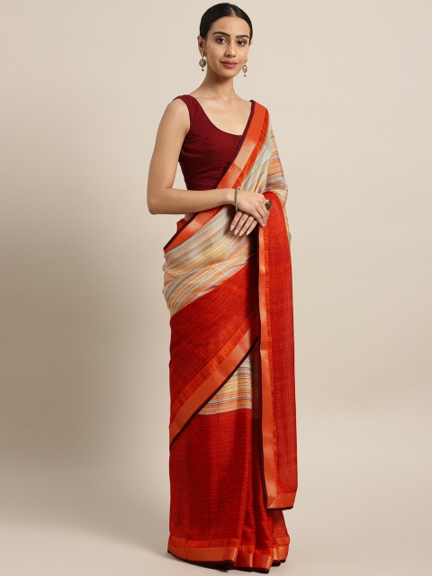 

Satrani Red & Beige Colourblocked Saree