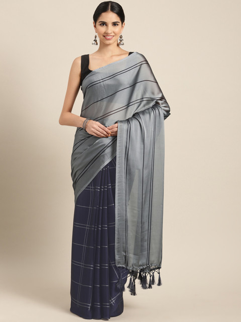 

Satrani Grey & Navy Poly Chiffon Checked Saree