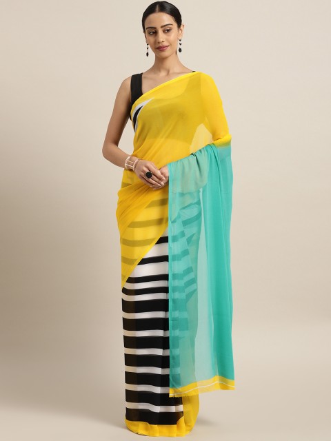 

Satrani Black & White Poly Georgette Striped Saree