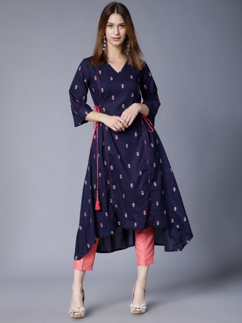 

Folklore Women Navy Blue Printed A-Line Angrakha Kurta