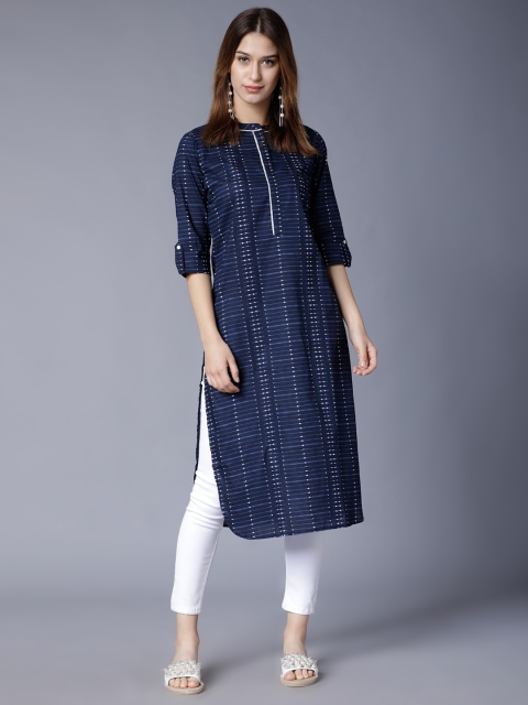 

Folklore Women Navy Blue Striped Straight Kurta