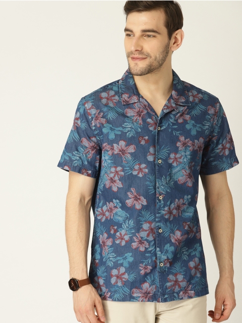 

MANGO MAN Blue Regular Fit Floral Print Chambray Casual Shirt