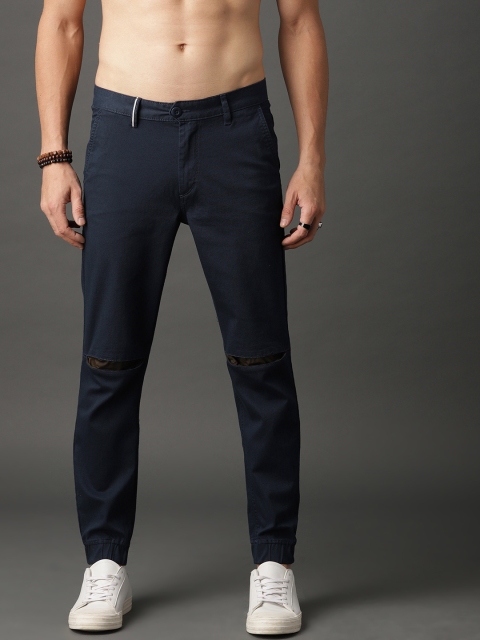 

The Roadster Lifestyle Co Men Navy Regular Fit Solid Slash Knee Joggers, Navy blue