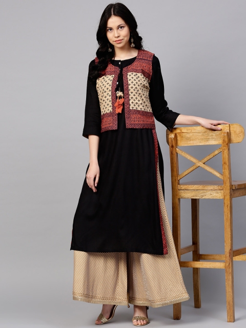 

Rain & Rainbow Women Black Solid Straight Kurta with Ethnic Jacket