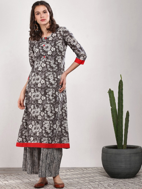 

Sangria Women Brown & Grey Floral Printed A-Line Kurta