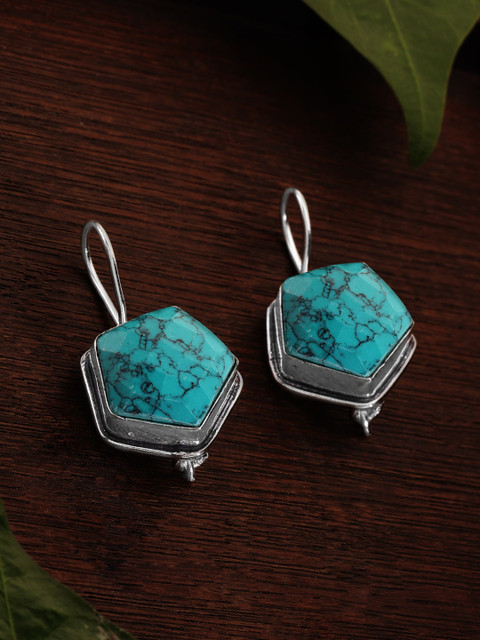 

RUBANS 925 SILVER Silver-Plated & Blue Geometric Drop Earrings