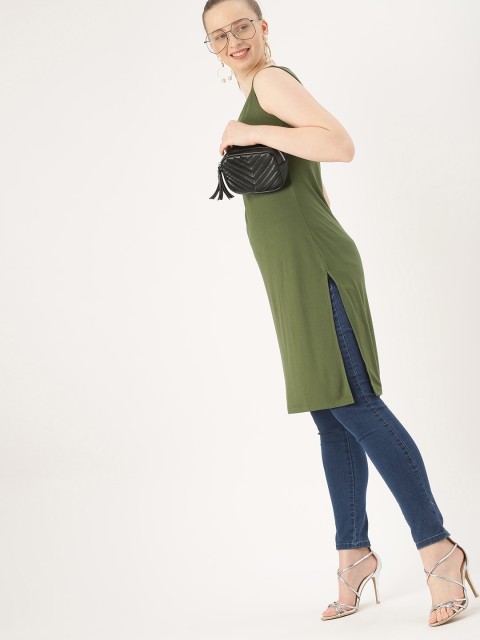 

DressBerry Women Olive Green Solid Longline Regular Top