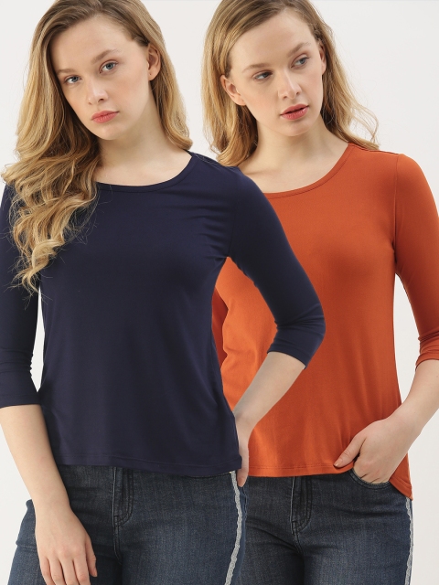 

DressBerry Women Orange & Navy Blue Solid Pack of 2 T-shirts